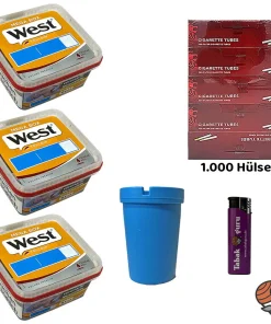 3x West Yellow Volumentabak Mega Box à 110g + 1000 Hülsen, Sturmfeuerzeug, Aschenbecher