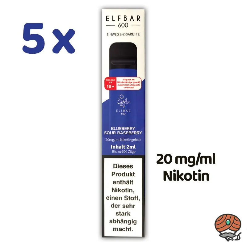 5 x ELFBAR E-Shisha BLUEBERRY SOUR RASPBERRY *20mg/ml Nikotin* 600 Züge, Einweg-E-Zigarette