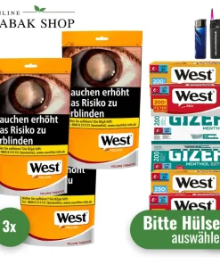West Yellow Volumen Tabak (3 x 150g) + 1.000 Hülsen + 1 Feuerzeug + 1 Sturmfeuerzeug